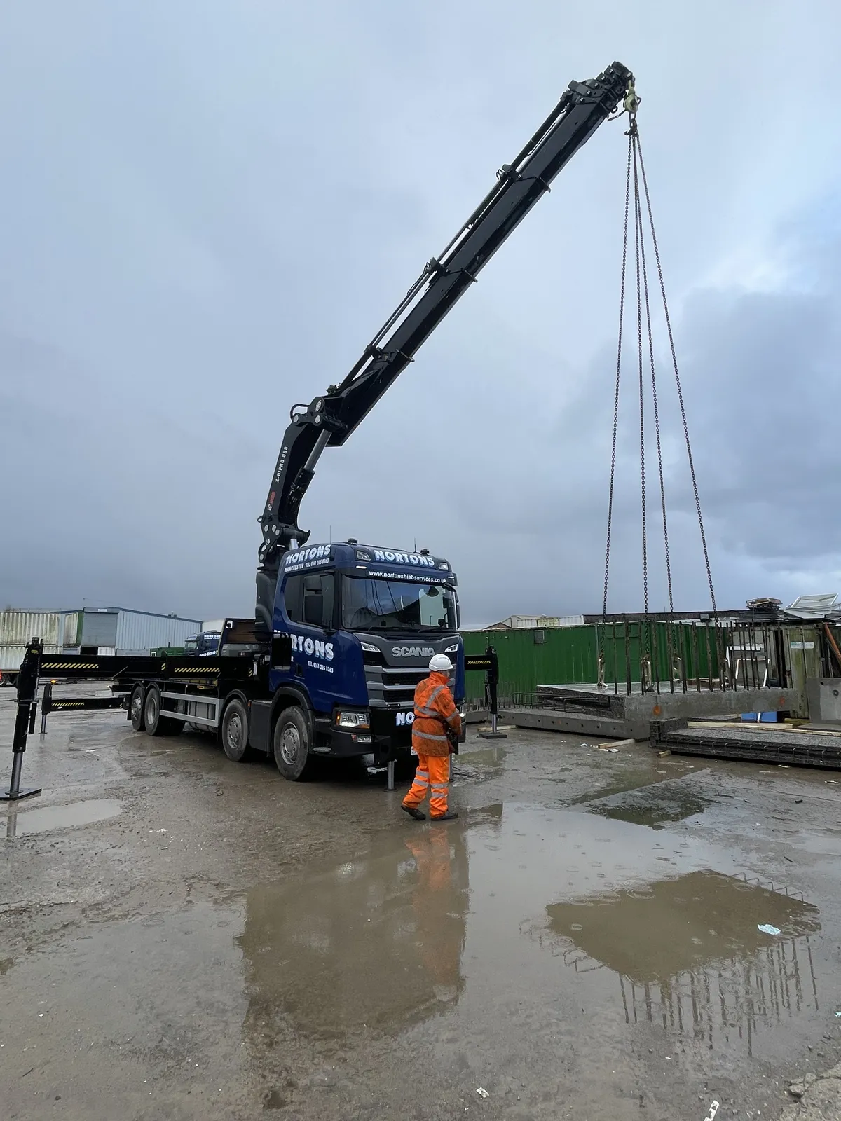 HIAB 858 crane truck on a construction delivery UK