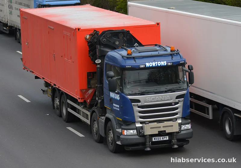 HIAB lorry collecting a shipping container from the docks for delivery across the UK