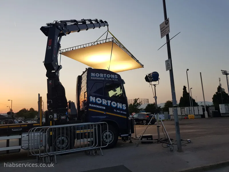 HIAB lorry crane lifting a large billboard sign panel into position, UK